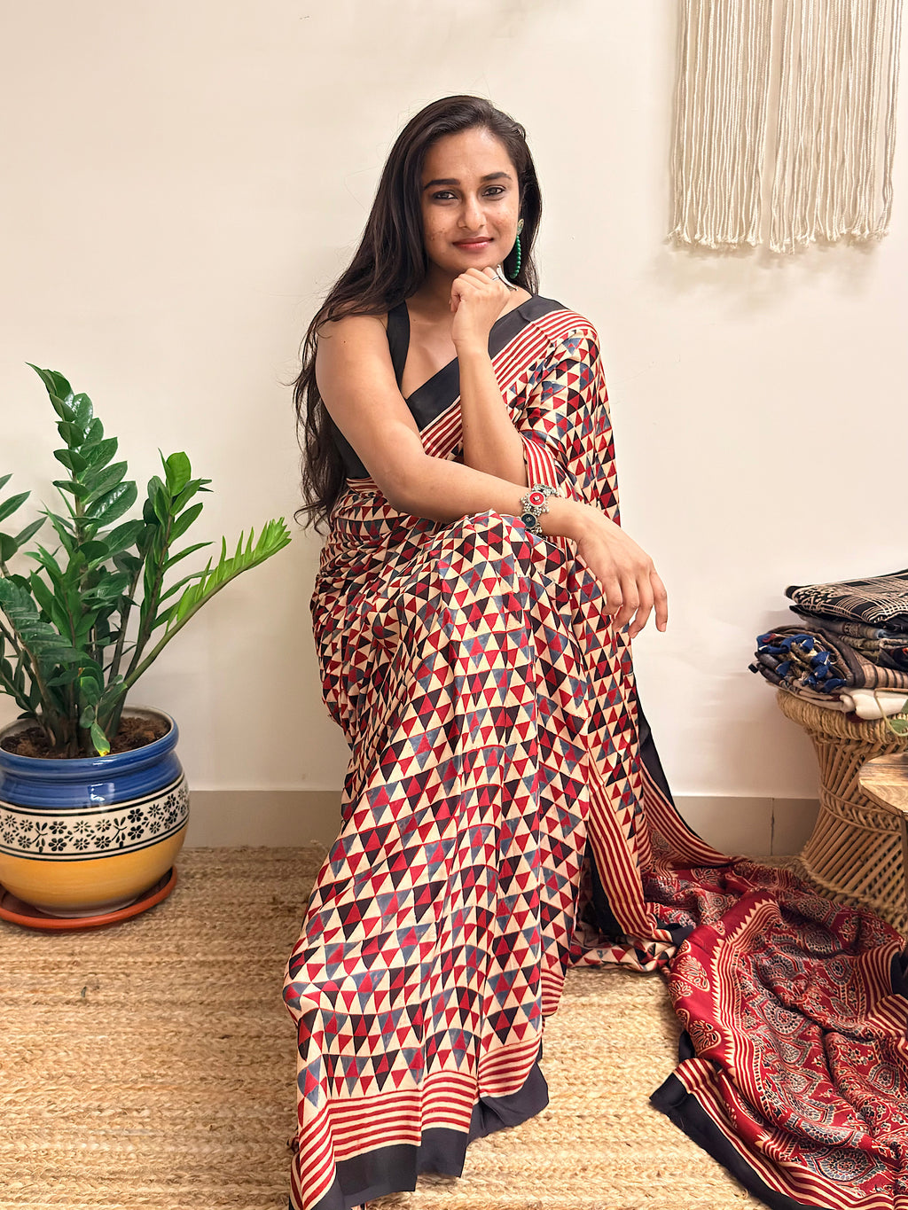 Daydream: Cream and Red Ajrakh Handblock Printed Modal Saree