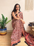 Daydream: Cream and Red Ajrakh Handblock Printed Modal Saree