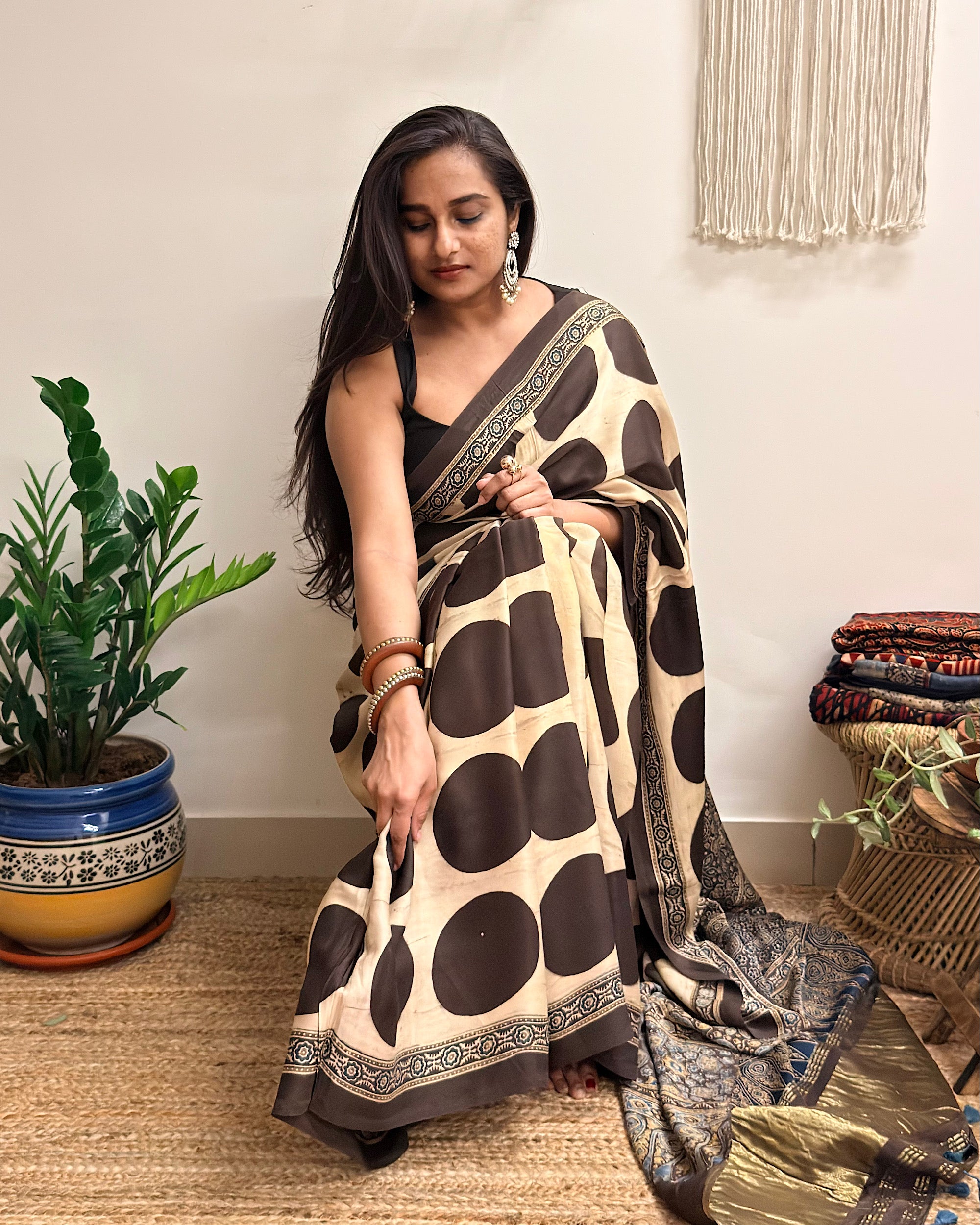 All Eyes: Cream Ajrakh Handblock Printed Modal Saree with Tissue Pallu