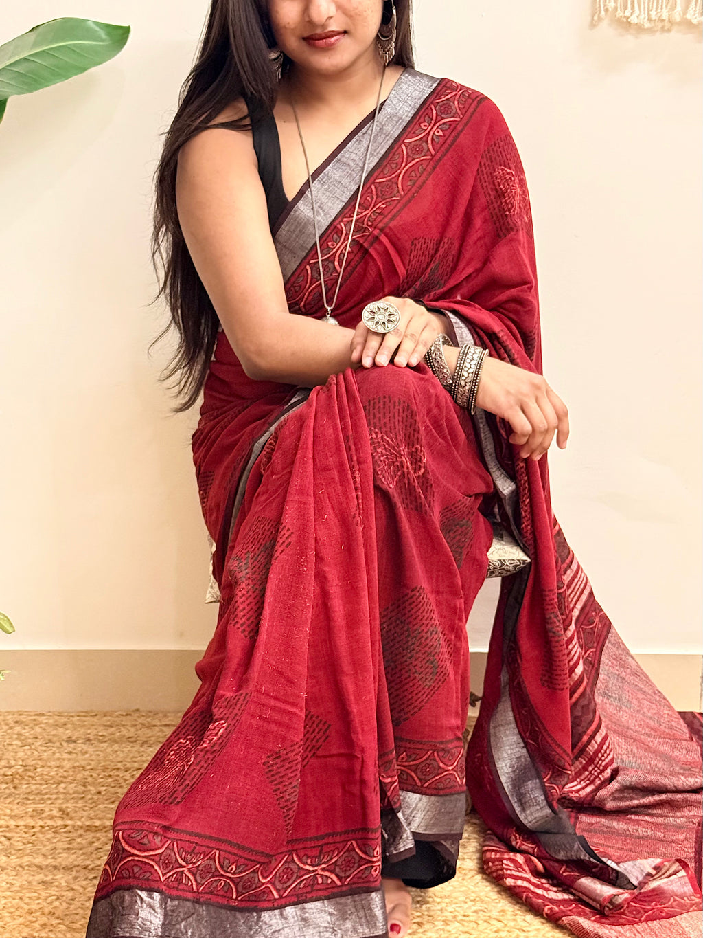 Slow Burn: Deep Maroon Ajrakh Handblock Printed Slub Cotton Saree