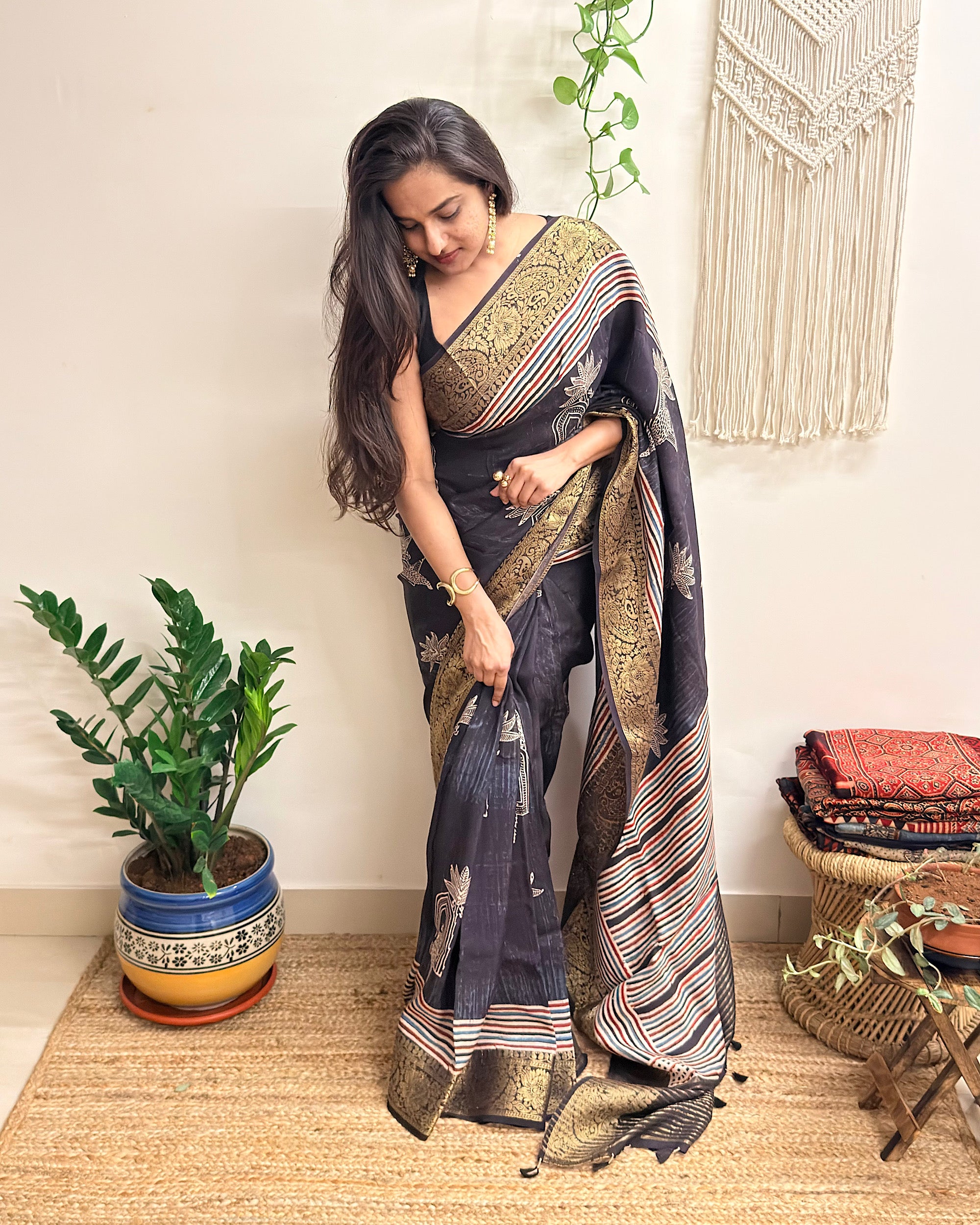 Wildflower: Charcoal Black Ajrakh Handblock Printed Dola Silk Saree