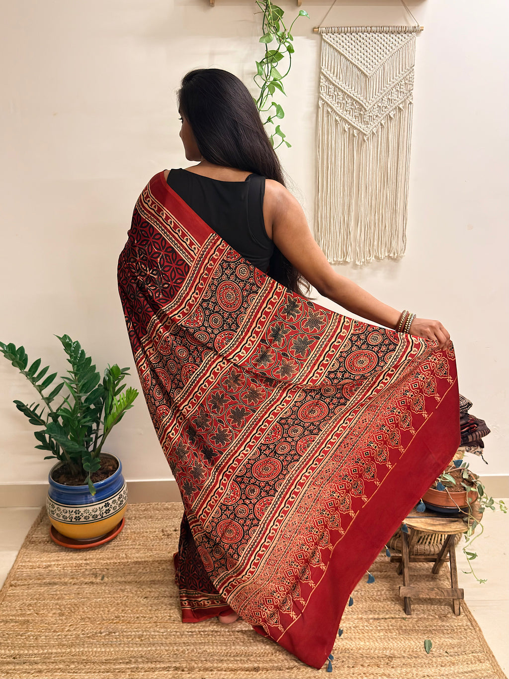 Rangrez: Deep Red Ajrakh Handblock Printed Modal Saree