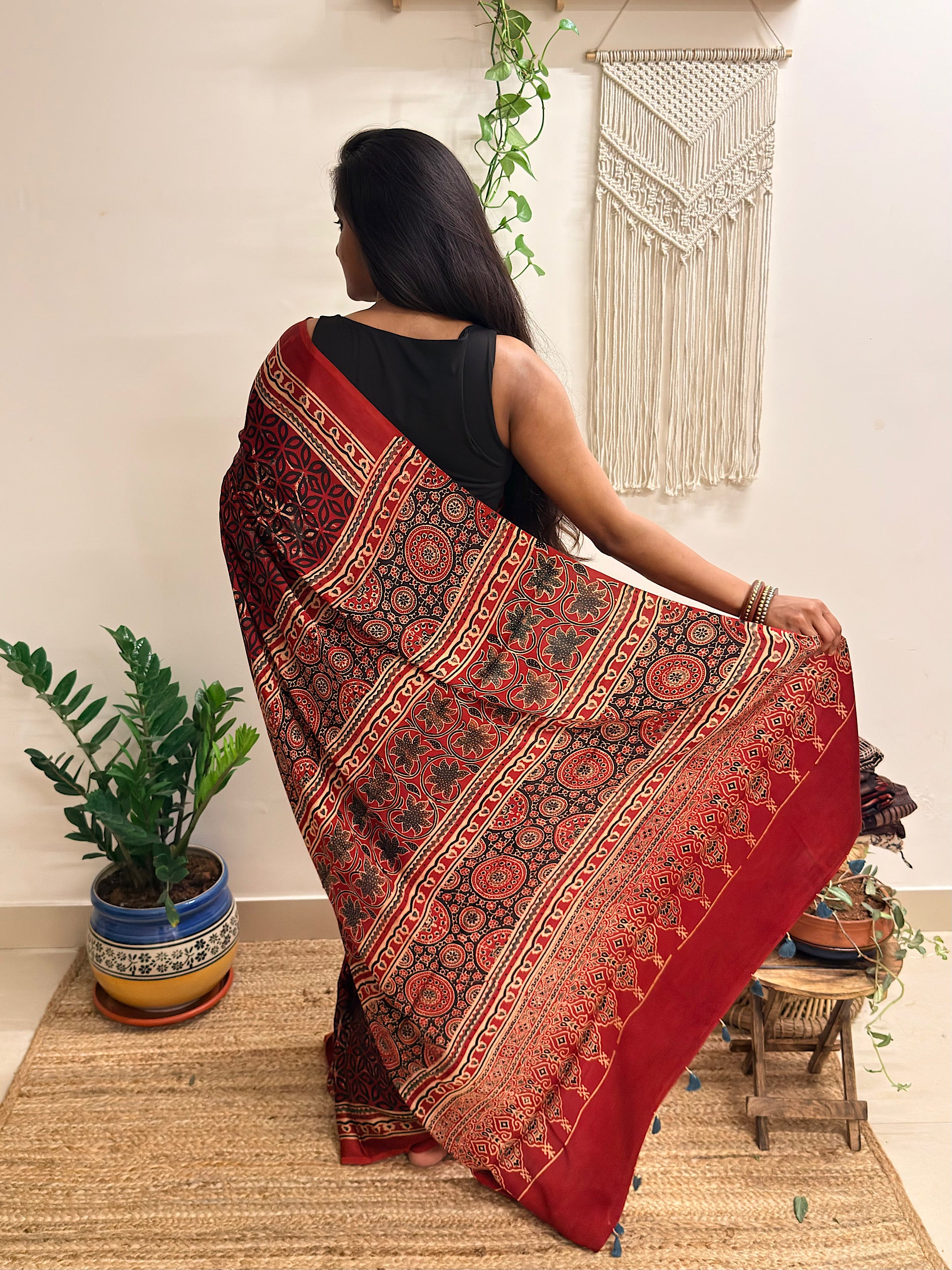 Rangrez: Deep Red Ajrakh Handblock Printed Modal Saree