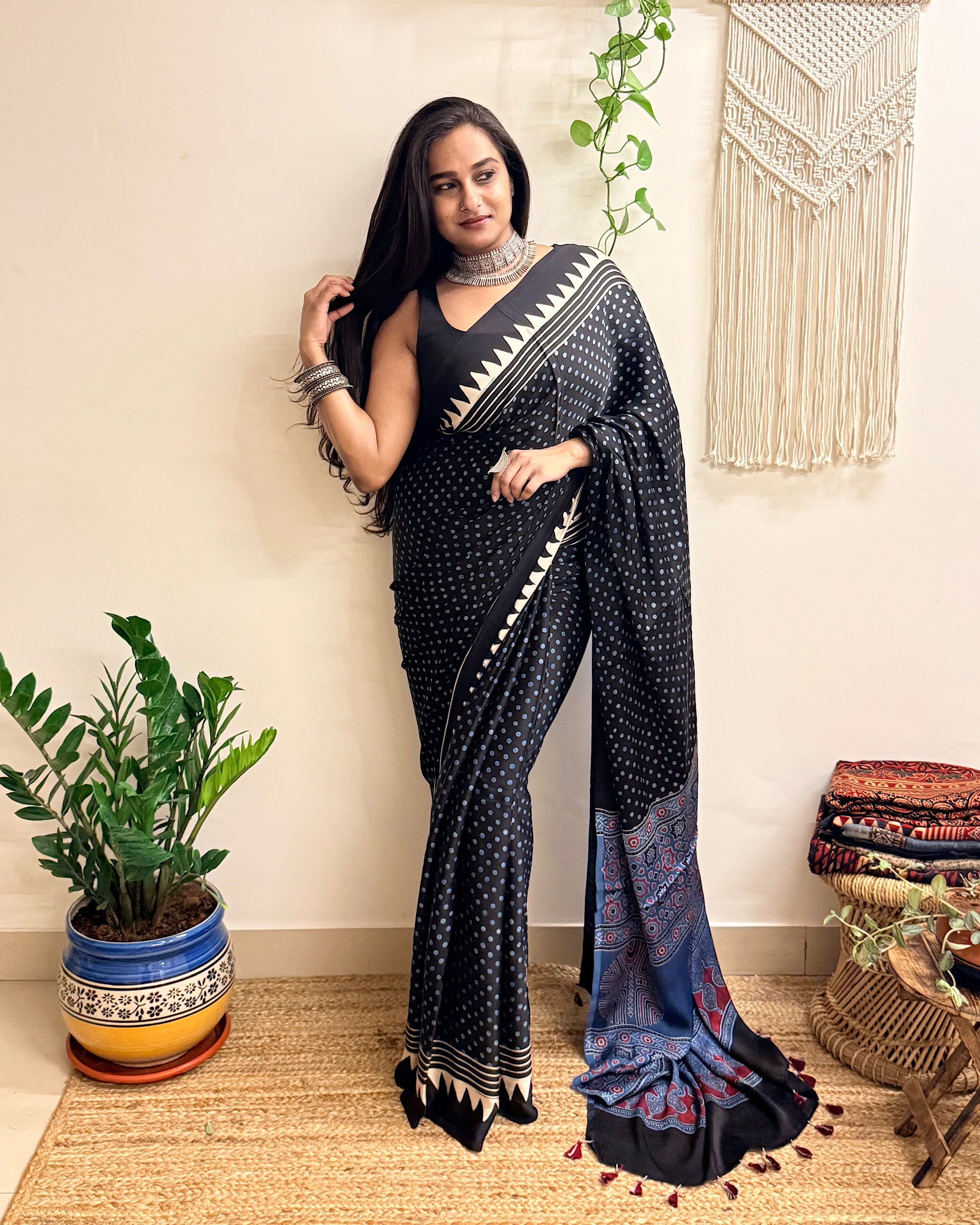 Moondust: Black Polka Dots Ajrakh Handblock Printed Modal Saree
