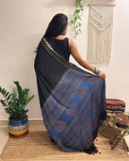 Moondust: Black Polka Dots Ajrakh Handblock Printed Modal Saree