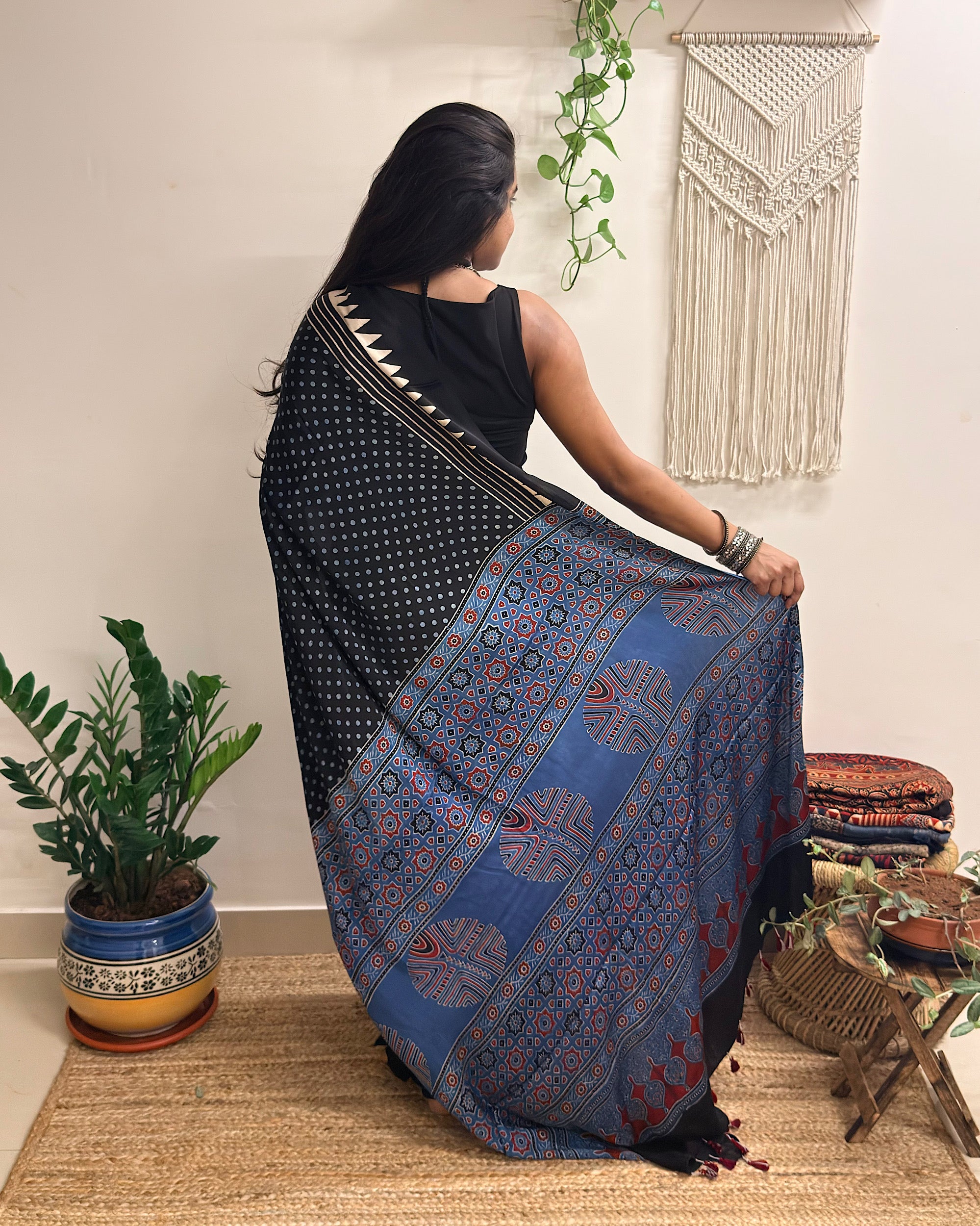 Moondust: Black Polka Dots Ajrakh Handblock Printed Modal Saree