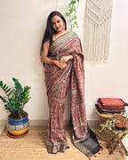 Memoir: Dusty Rose Ajrakh Handblock Printed Dola Silk Saree