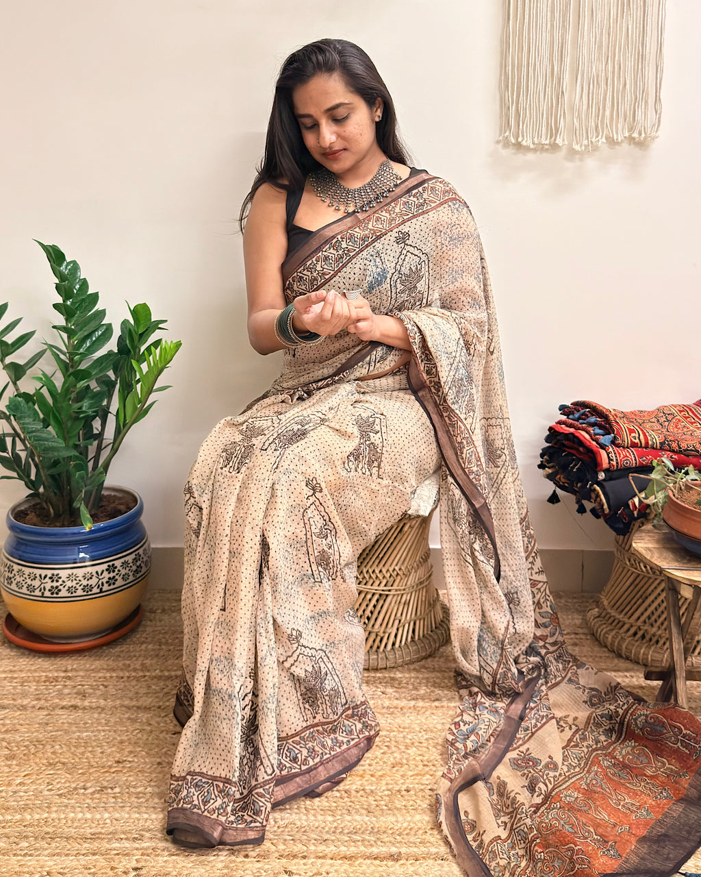 Sarsarahat: Beige Ajrakh Handblock Printed Kota Doria Saree