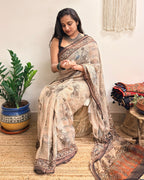 Sarsarahat: Beige Ajrakh Handblock Printed Kota Doria Saree
