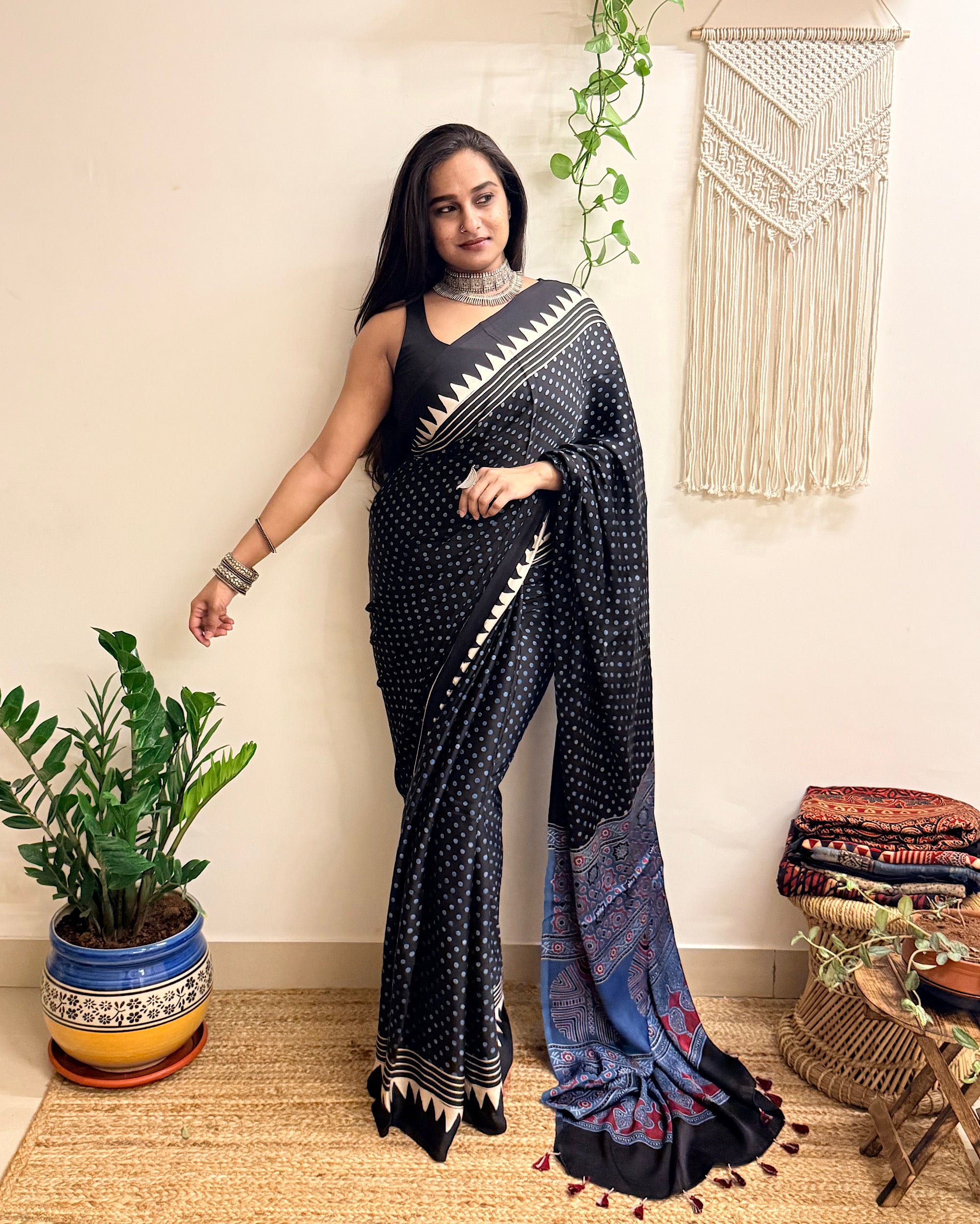 Moondust: Black Polka Dots Ajrakh Handblock Printed Modal Saree