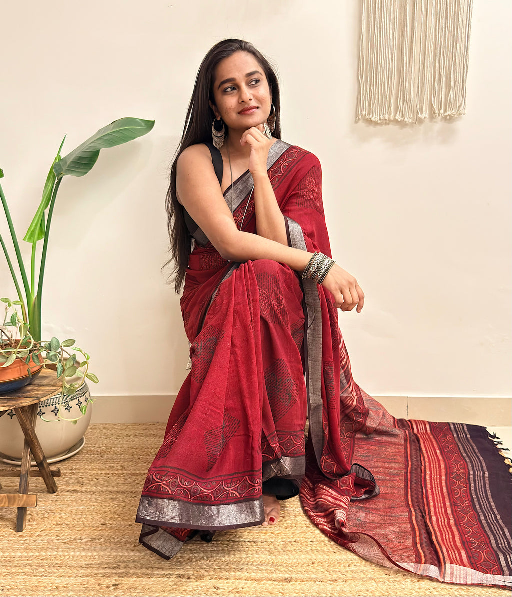 Slow Burn: Deep Maroon Ajrakh Handblock Printed Slub Cotton Saree