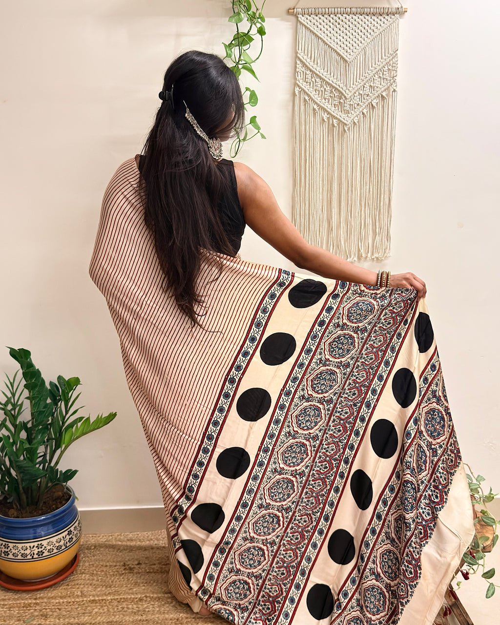 Afterhours: Cream and Red Striped Ajrakh Handblock Printed Modal Saree