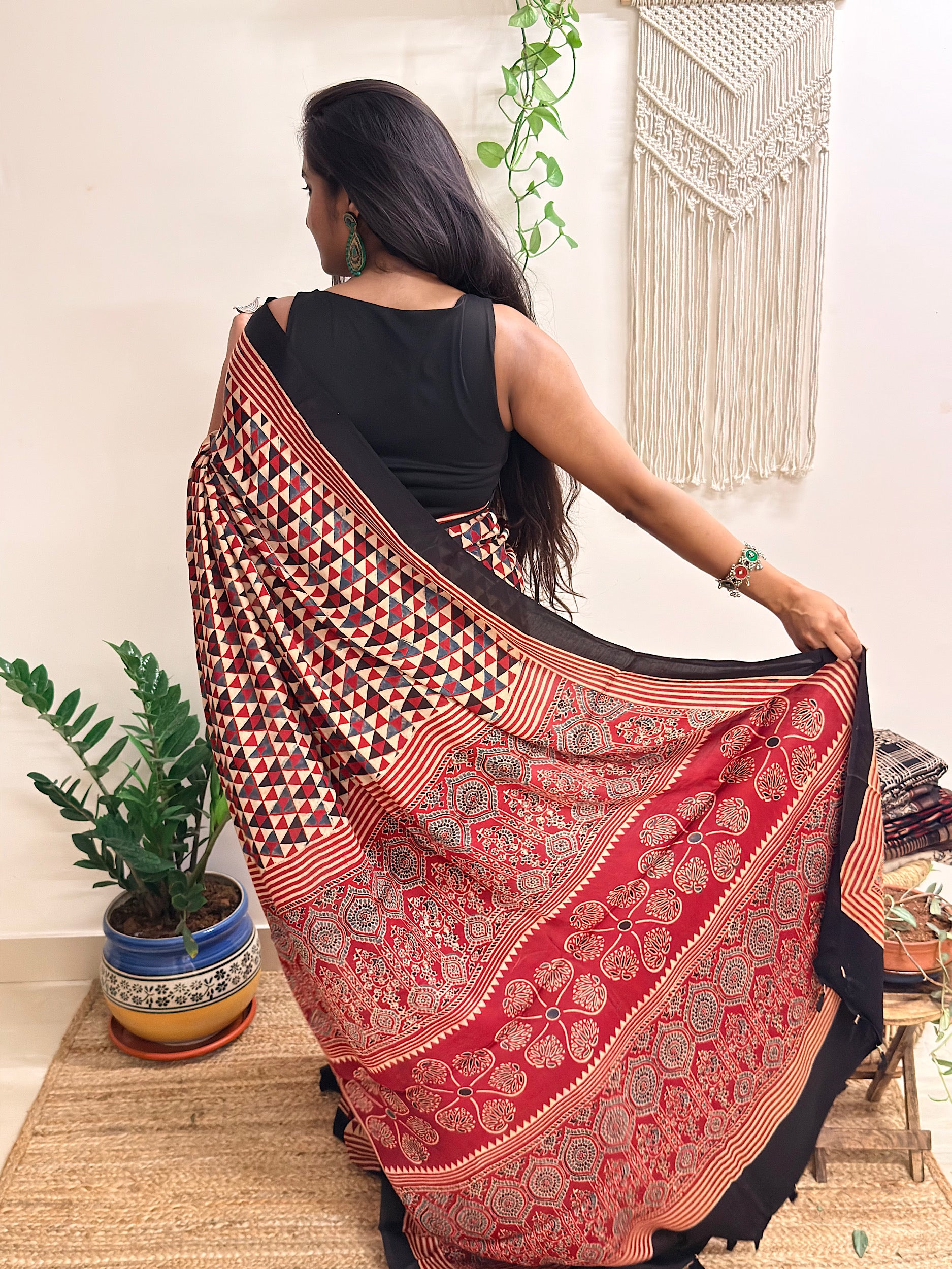 Daydream: Cream and Red Ajrakh Handblock Printed Modal Saree
