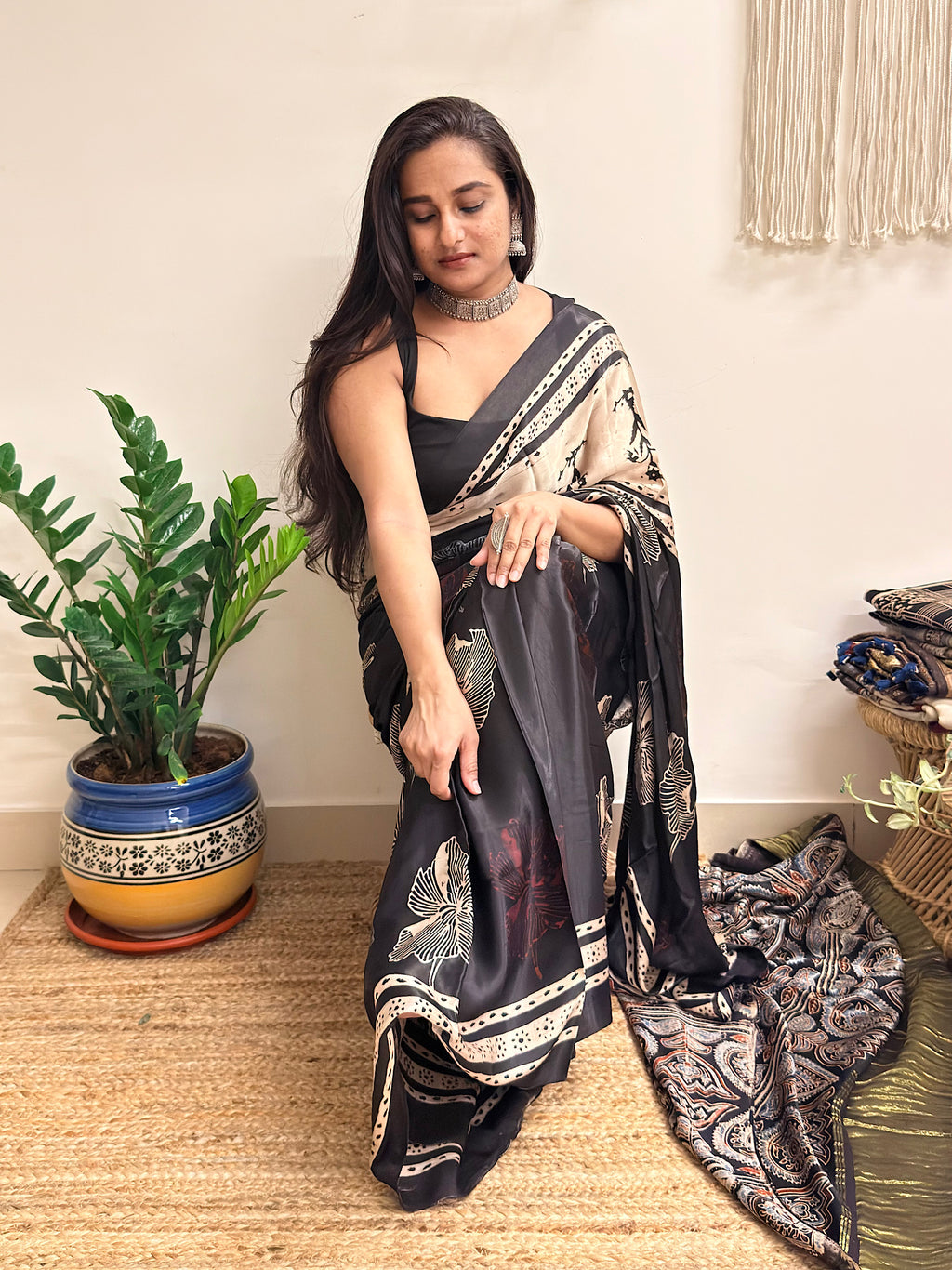 Meet me at Dusk: Charcoal Black Ajrakh Handblock Printed Modal Satin Saree with Tissue Pallu