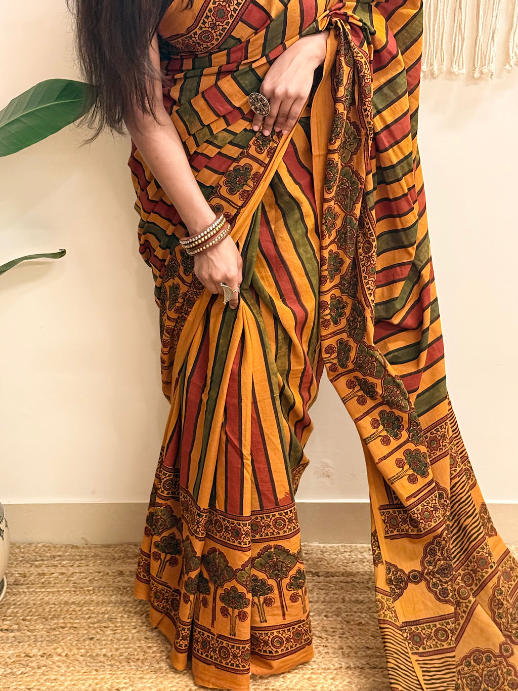 Basant: Turmeric Ajrakh Handblock Printed Mul Cotton Saree