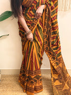 Basant: Turmeric Ajrakh Handblock Printed Mul Cotton Saree
