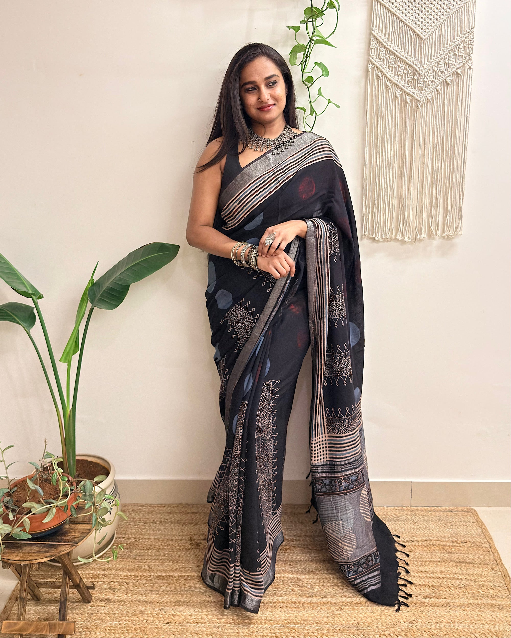 Silver Echo: Charcoal Black Ajrakh Handblock Printed Slub Cotton Saree