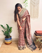 Memoir: Dusty Rose Ajrakh Handblock Printed Dola Silk Saree