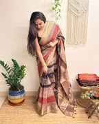 Ganache: Red and Brown Ajrakh Handblock Printed Dola Silk Saree