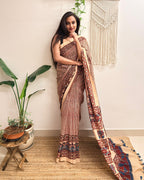 Sukoon: Cream Checkered Ajrakh Handblock Printed Mul Cotton Saree