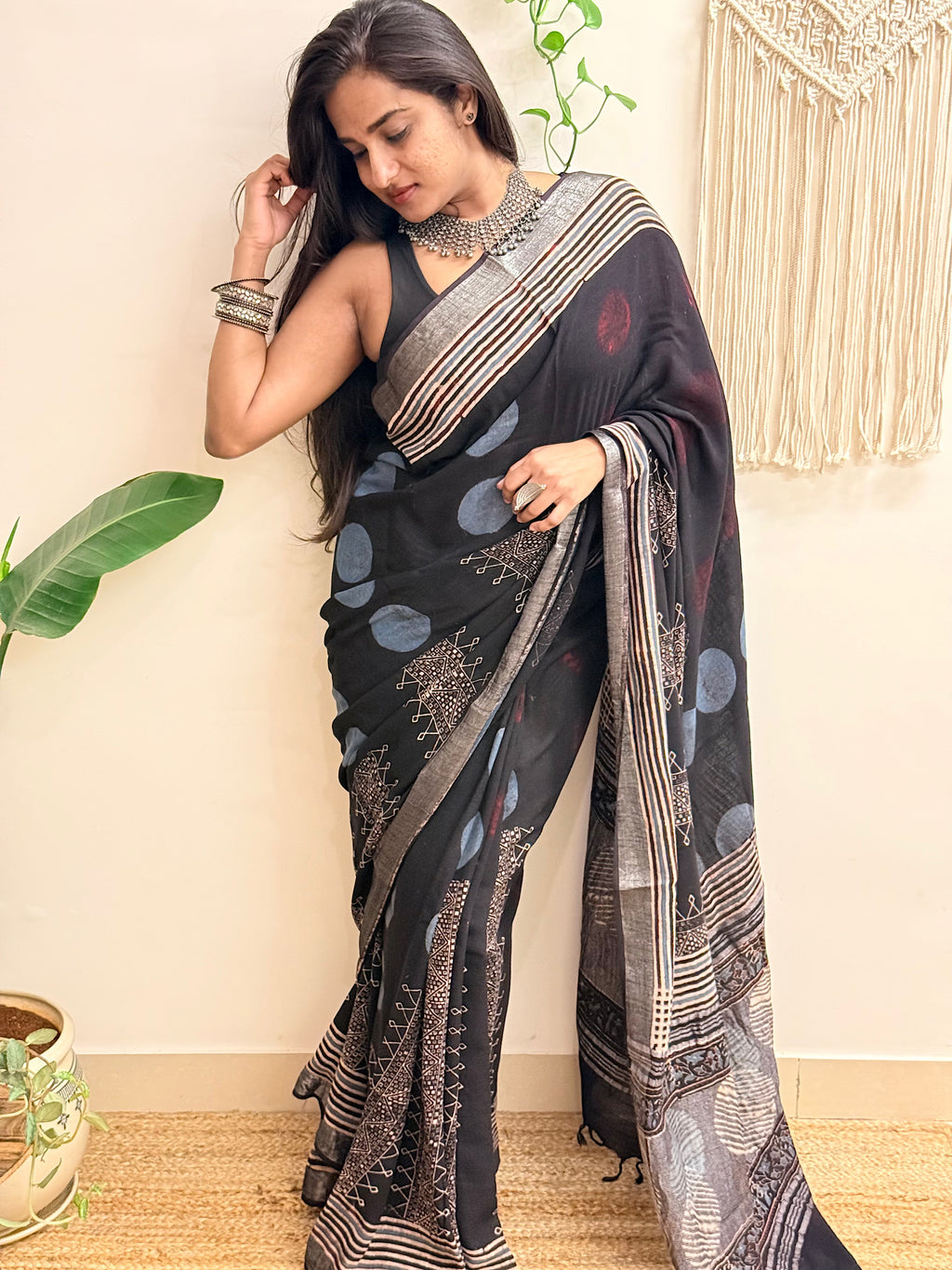 Silver Echo: Charcoal Black Ajrakh Handblock Printed Slub Cotton Saree
