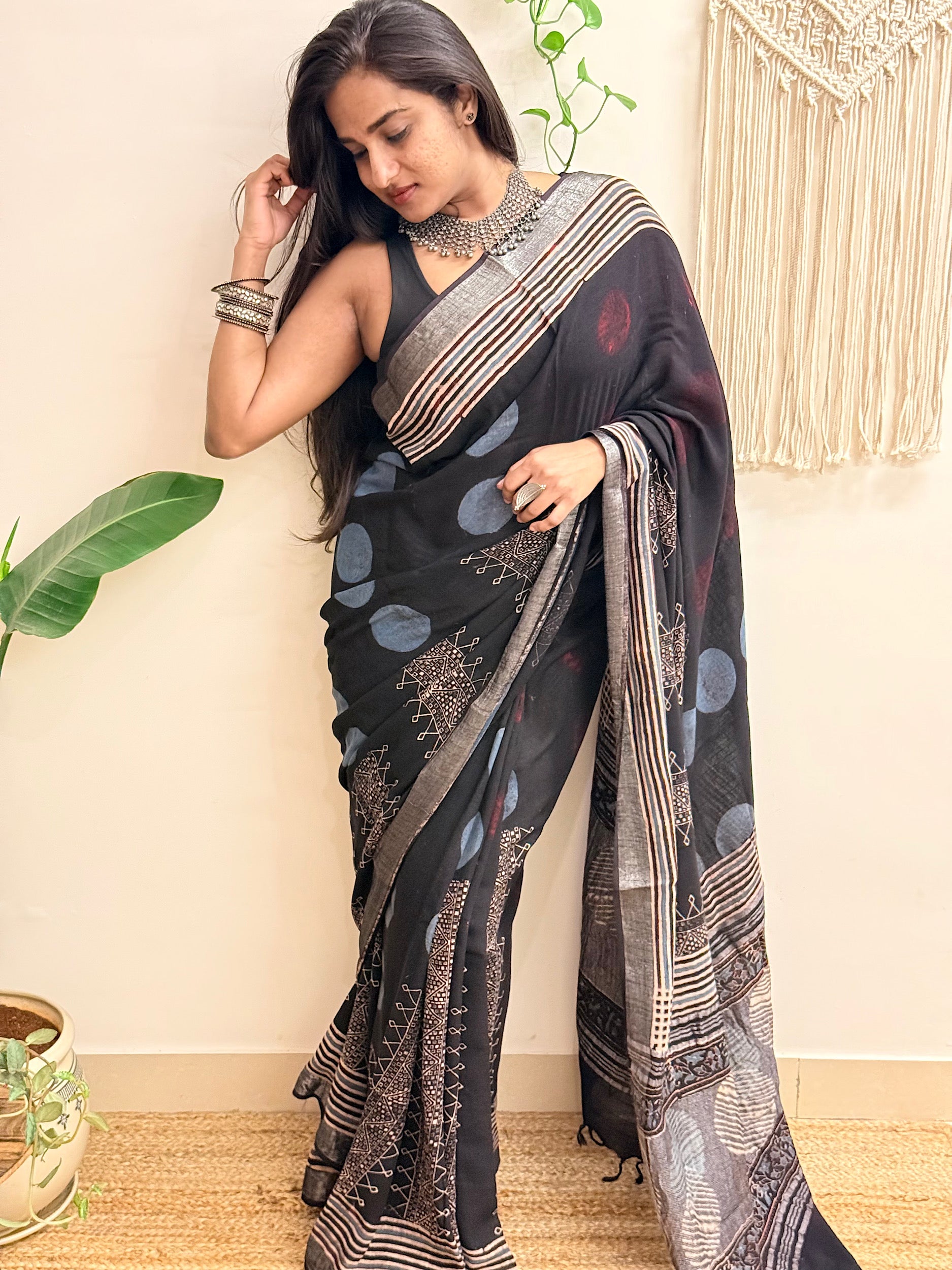 Silver Echo: Charcoal Black Ajrakh Handblock Printed Slub Cotton Saree