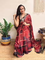 Jugnu: Deep Red and Black Ajrakh Handblock Printed Modal Saree with Tissue Pallu