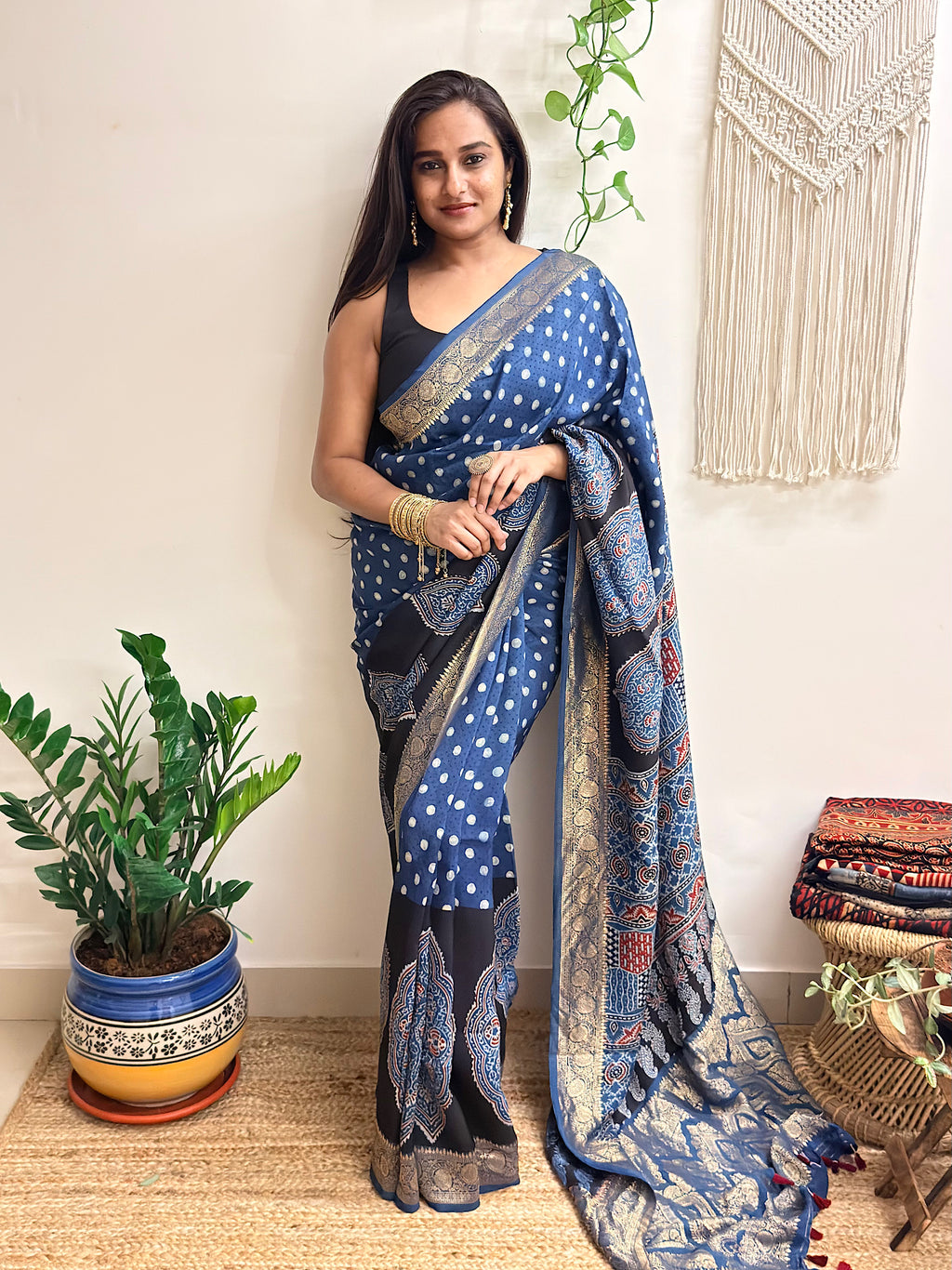 Aasman: Indigo and Black Ajrakh Handblock Printed Dola Silk Saree