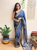 Aasman: Indigo and Black Ajrakh Handblock Printed Dola Silk Saree