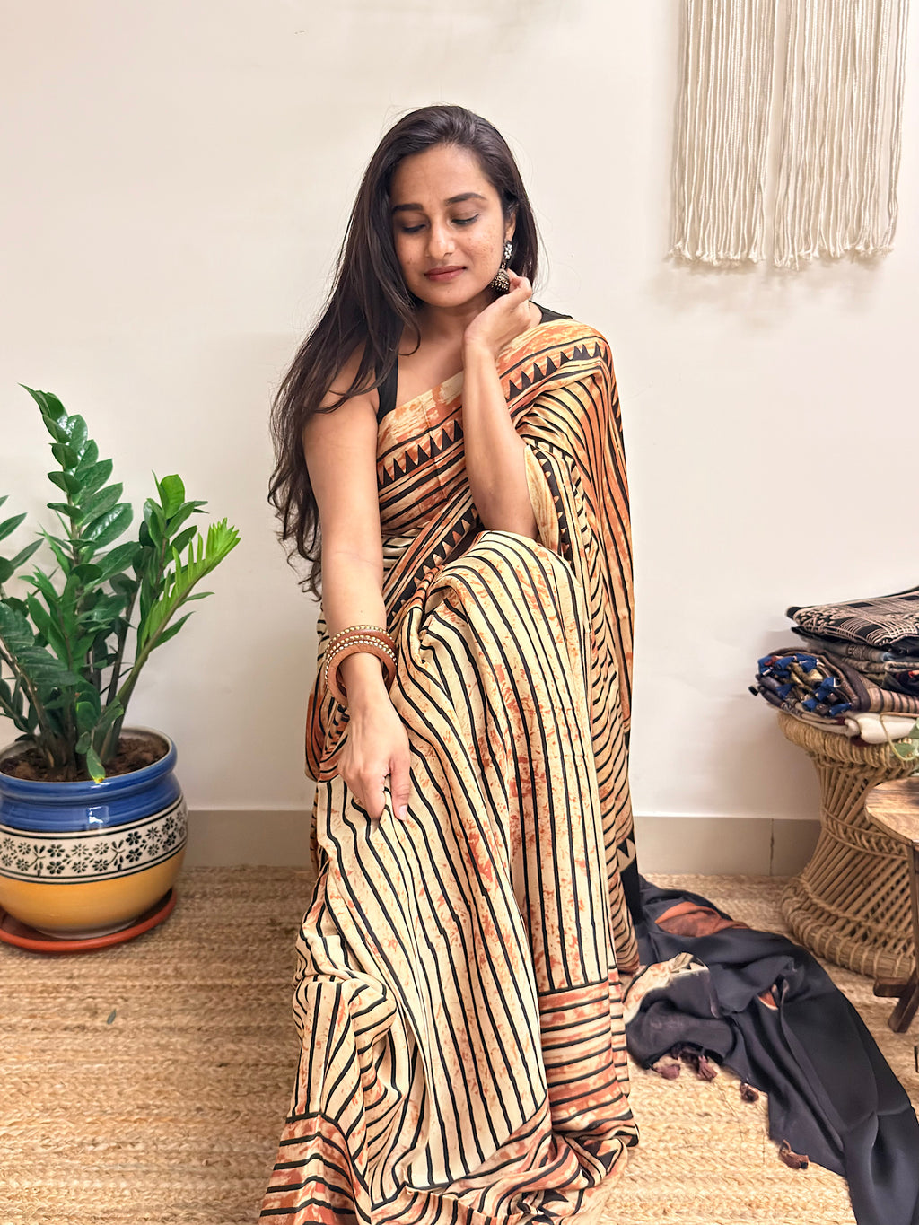 The Eclipse: Beige and Black Striped Ajrakh Handblock Printed Modal Saree