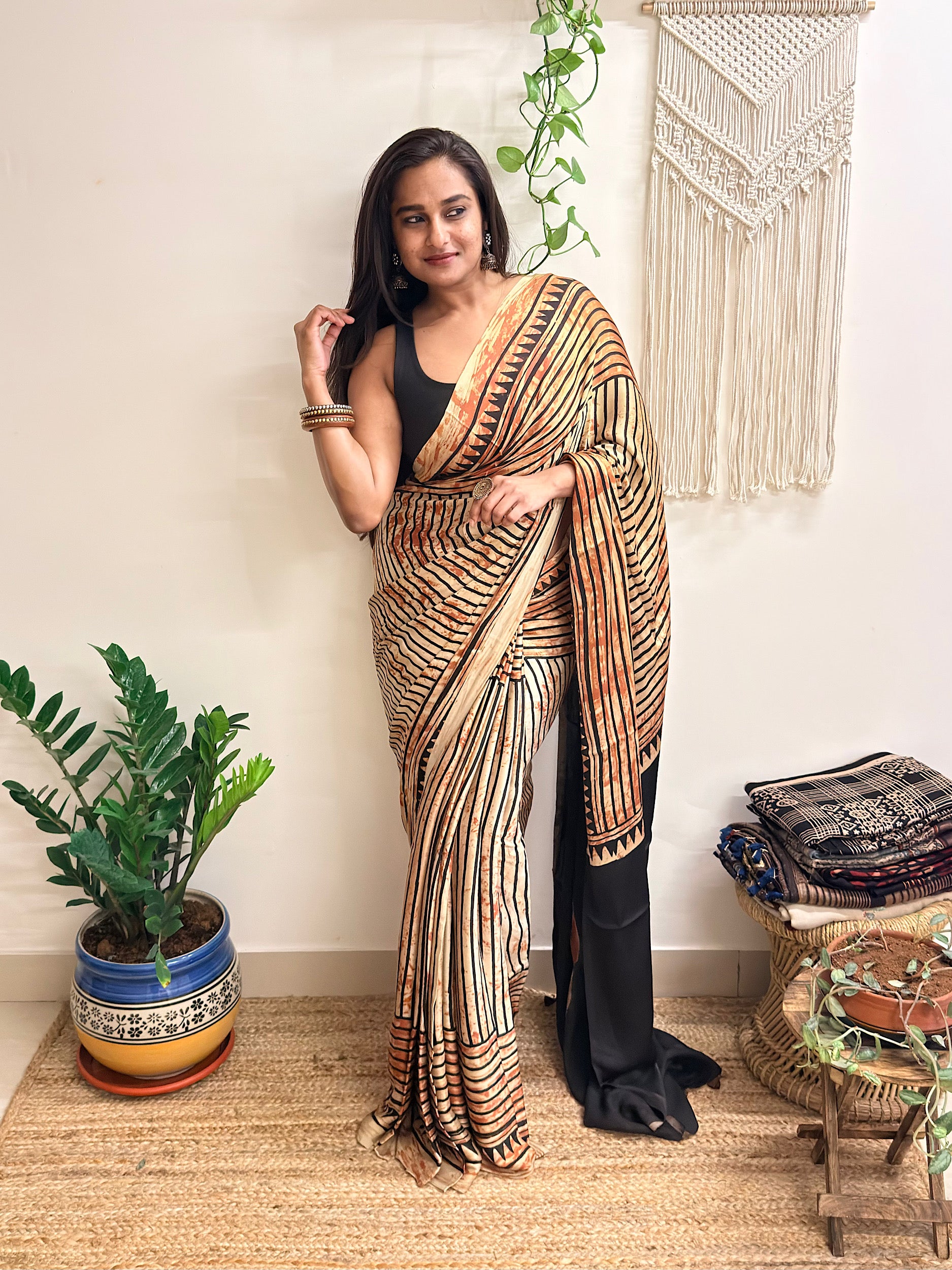 The Eclipse: Beige and Black Striped Ajrakh Handblock Printed Modal Saree