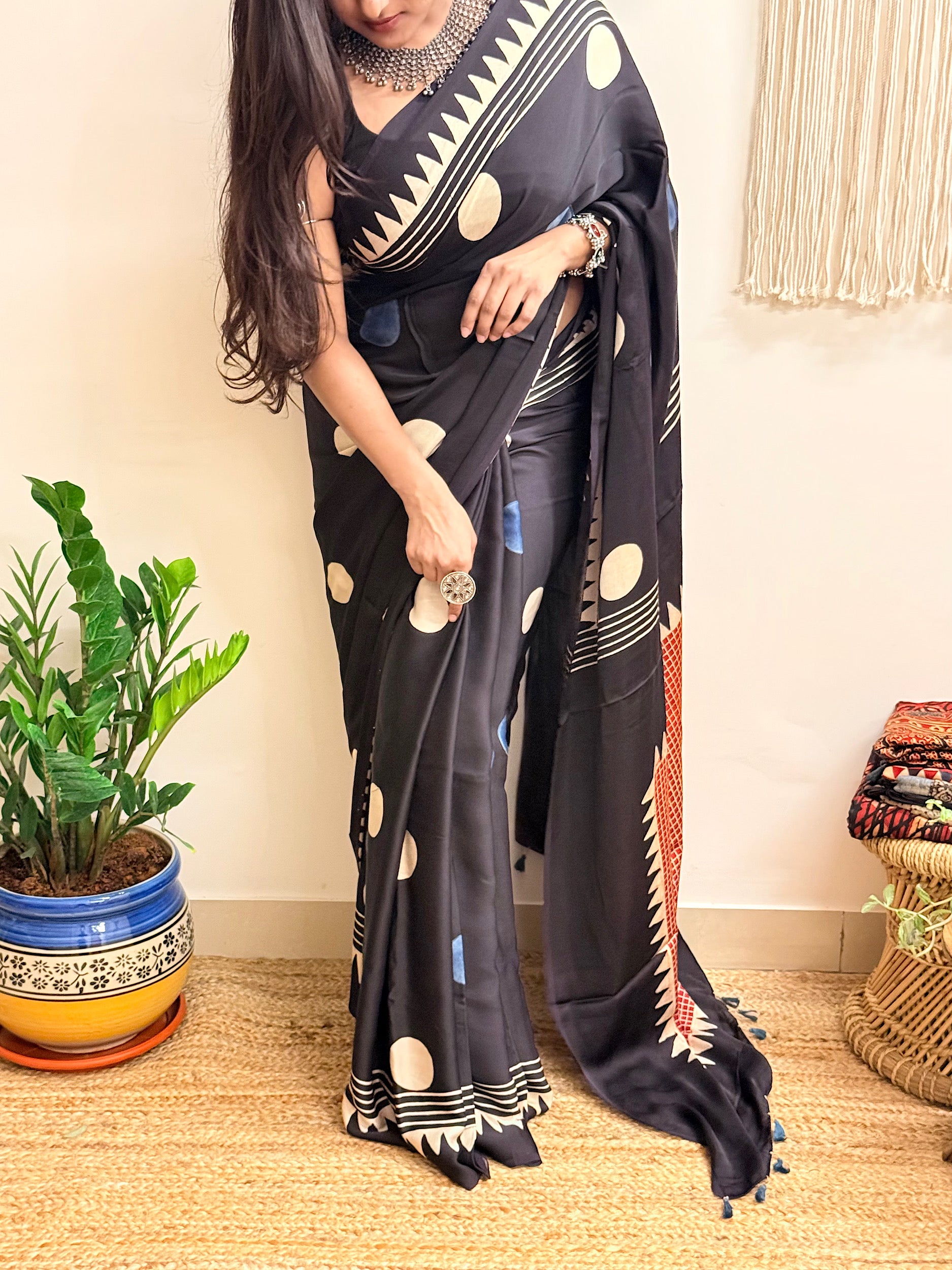 Velvet Night: Black Oversized Polka Dots Ajrakh Handblock Printed Modal Saree