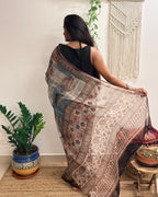 Rimjhim: Dusty Blue and Beige Ajrakh Handblock Printed Kota Doria Saree