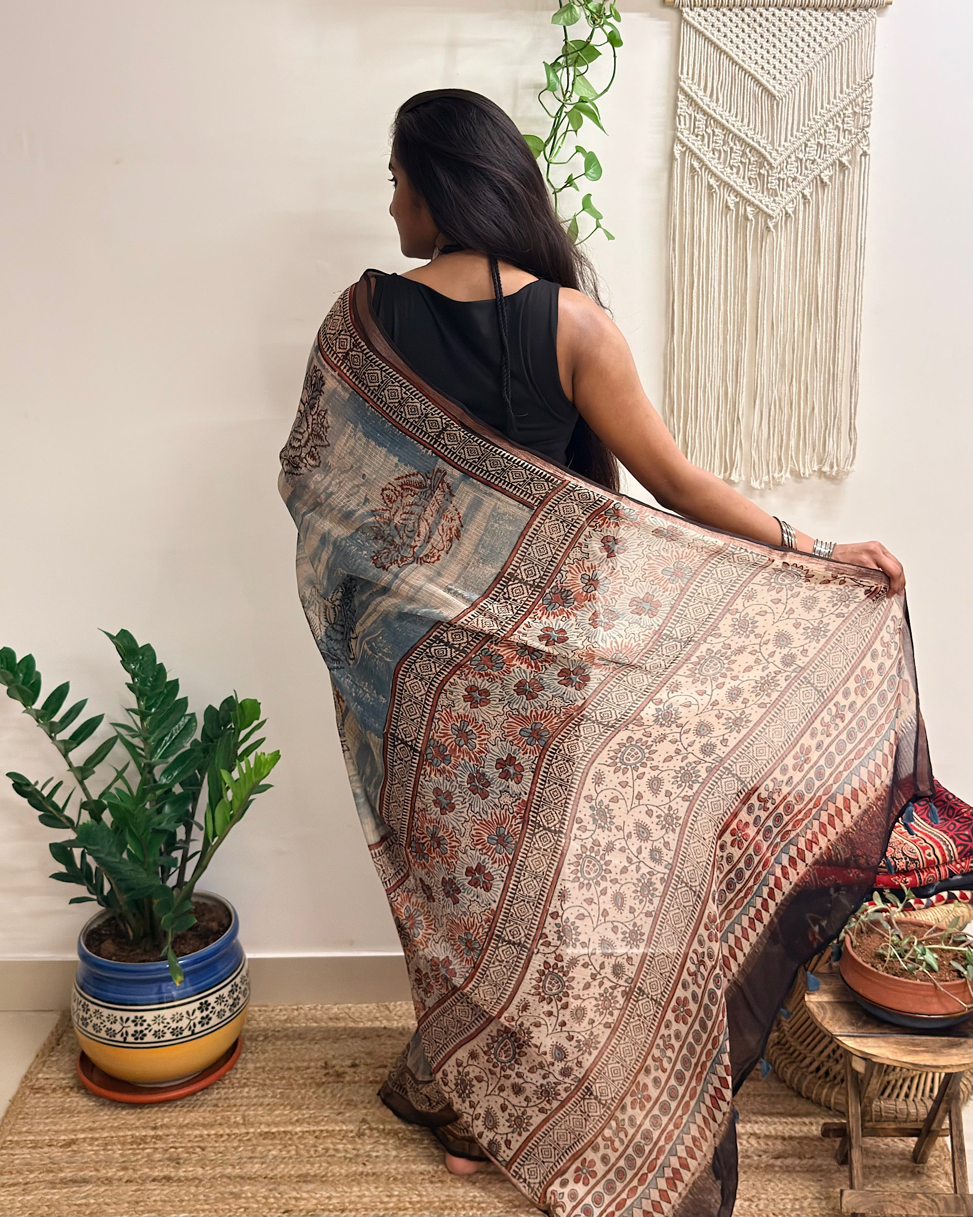 Rimjhim: Dusty Blue and Beige Ajrakh Handblock Printed Kota Doria Saree