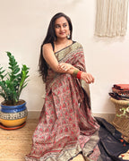Memoir: Dusty Rose Ajrakh Handblock Printed Dola Silk Saree