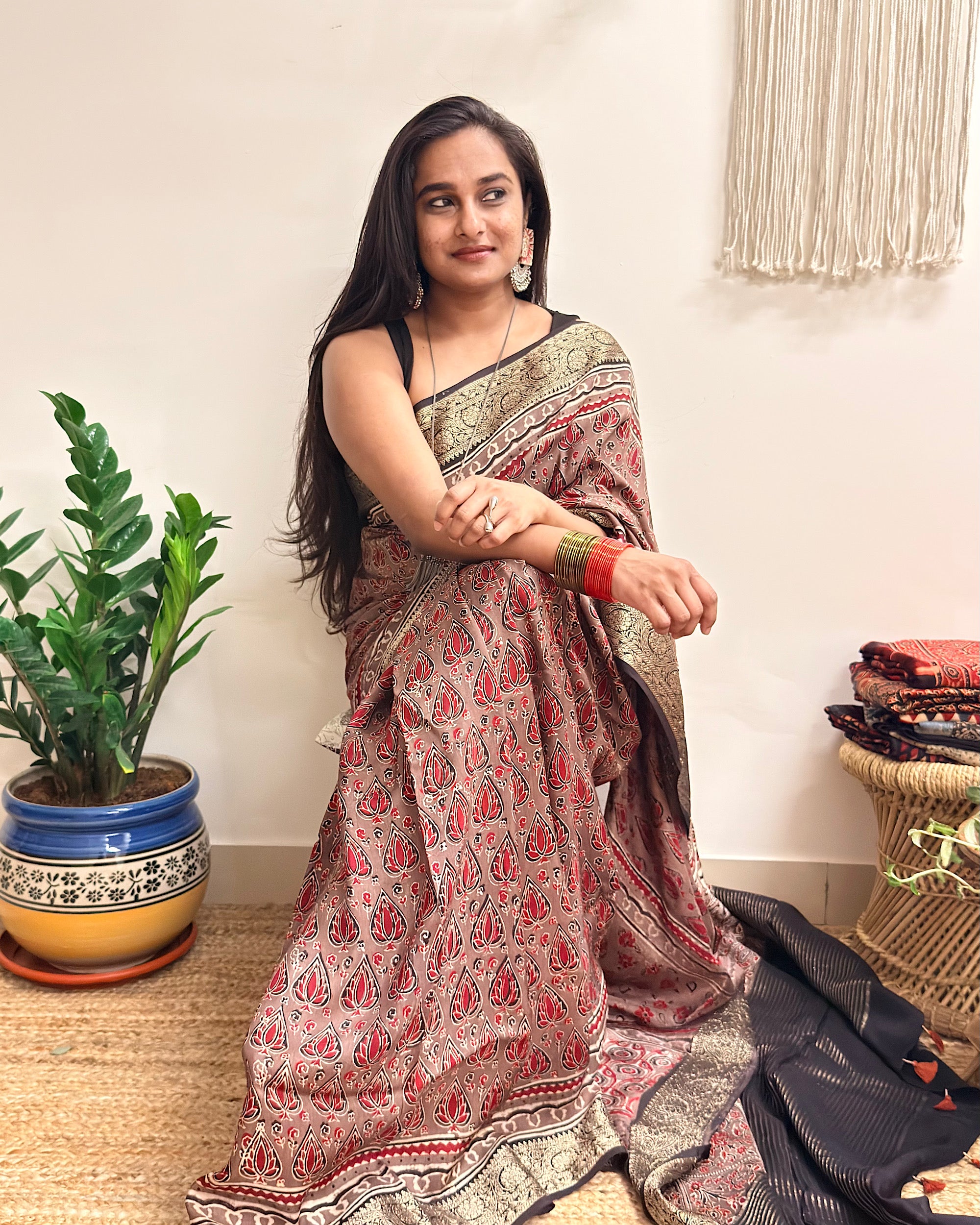 Memoir: Dusty Rose Ajrakh Handblock Printed Dola Silk Saree