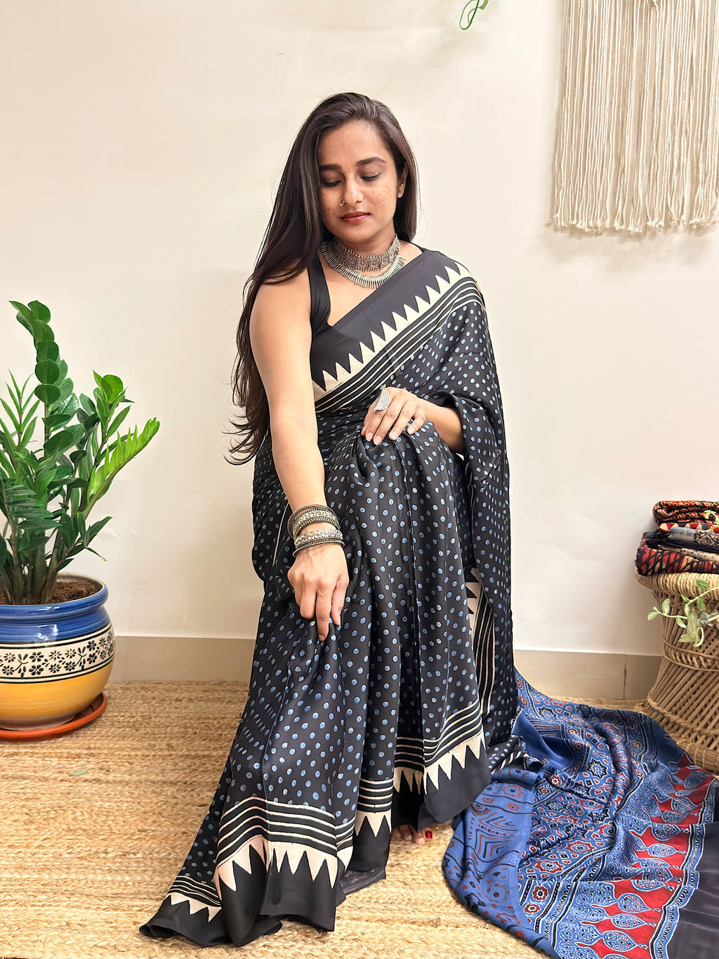 Moondust: Black Polka Dots Ajrakh Handblock Printed Modal Saree
