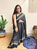 Moondust: Black Polka Dots Ajrakh Handblock Printed Modal Saree