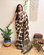 All Eyes: Cream Ajrakh Handblock Printed Modal Saree with Tissue Pallu