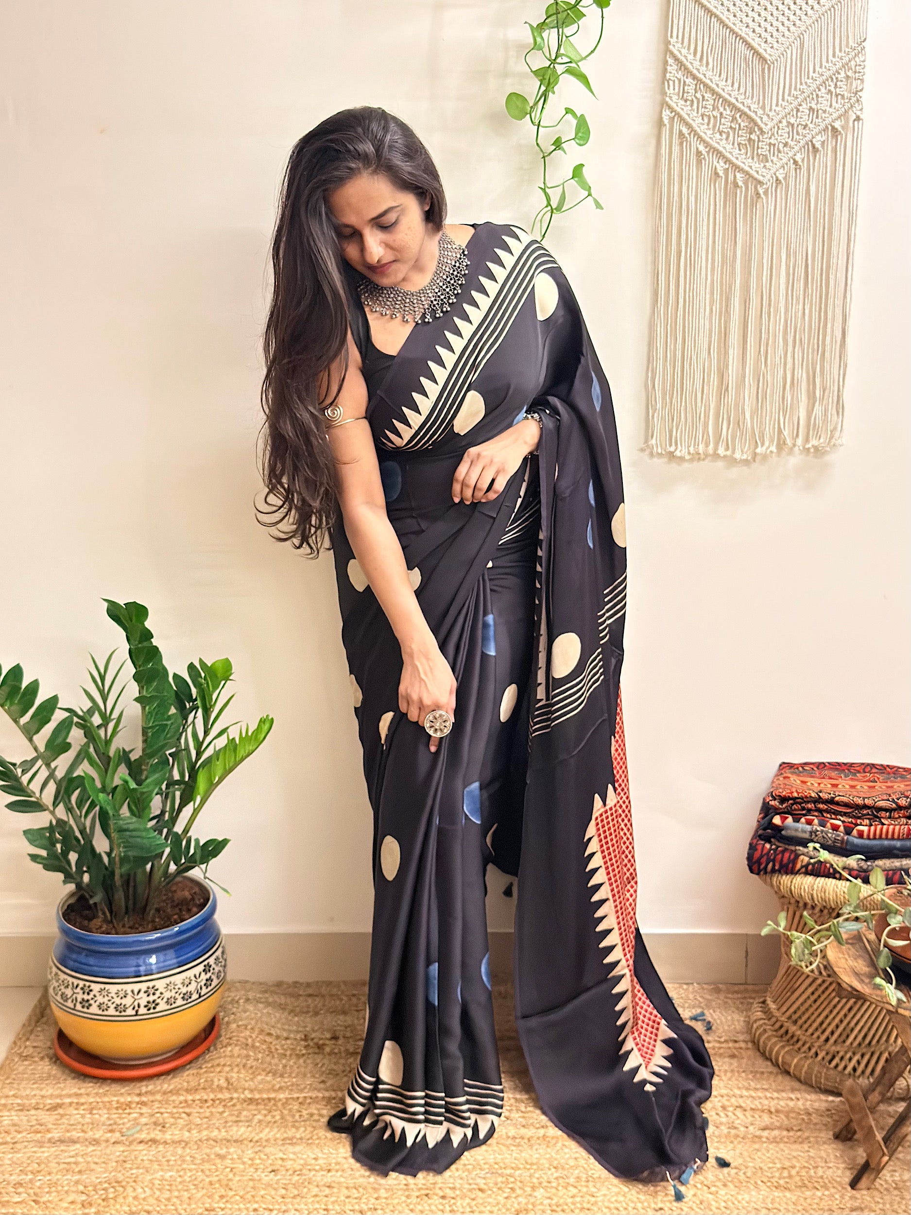 Velvet Night: Black Oversized Polka Dots Ajrakh Handblock Printed Modal Saree