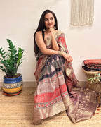 Ganache: Red and Brown Ajrakh Handblock Printed Dola Silk Saree
