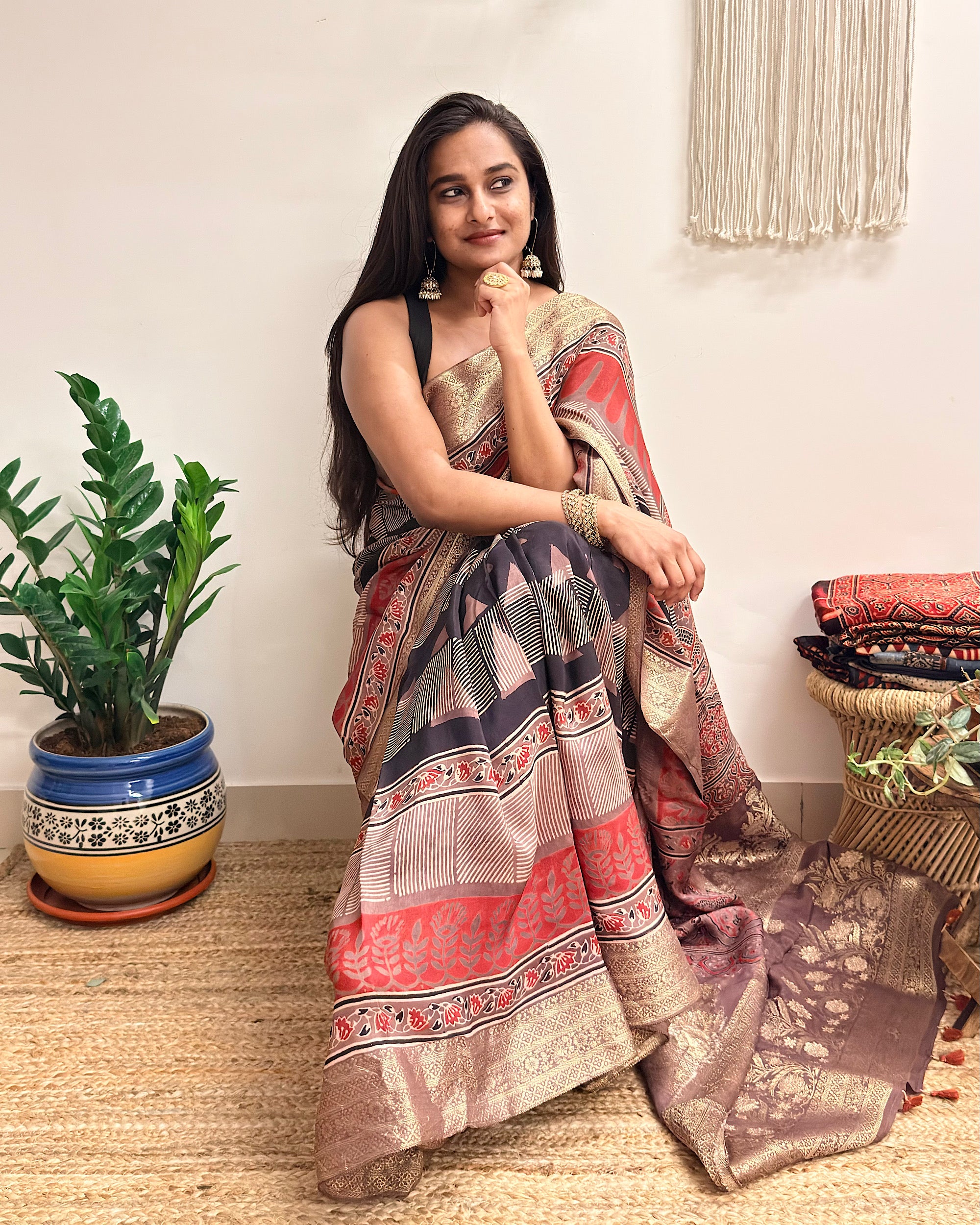 Ganache: Red and Brown Ajrakh Handblock Printed Dola Silk Saree