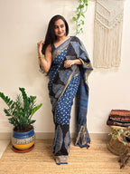 Aasman: Indigo and Black Ajrakh Handblock Printed Dola Silk Saree