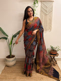 Ankahee: Red and Blue Mul Cotton Ajrakh Handblock Printed Saree with Zari Border
