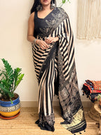 Main Character: Black and Cream Ajrakh Handblock Printed Modal Saree with Tissue Pallu