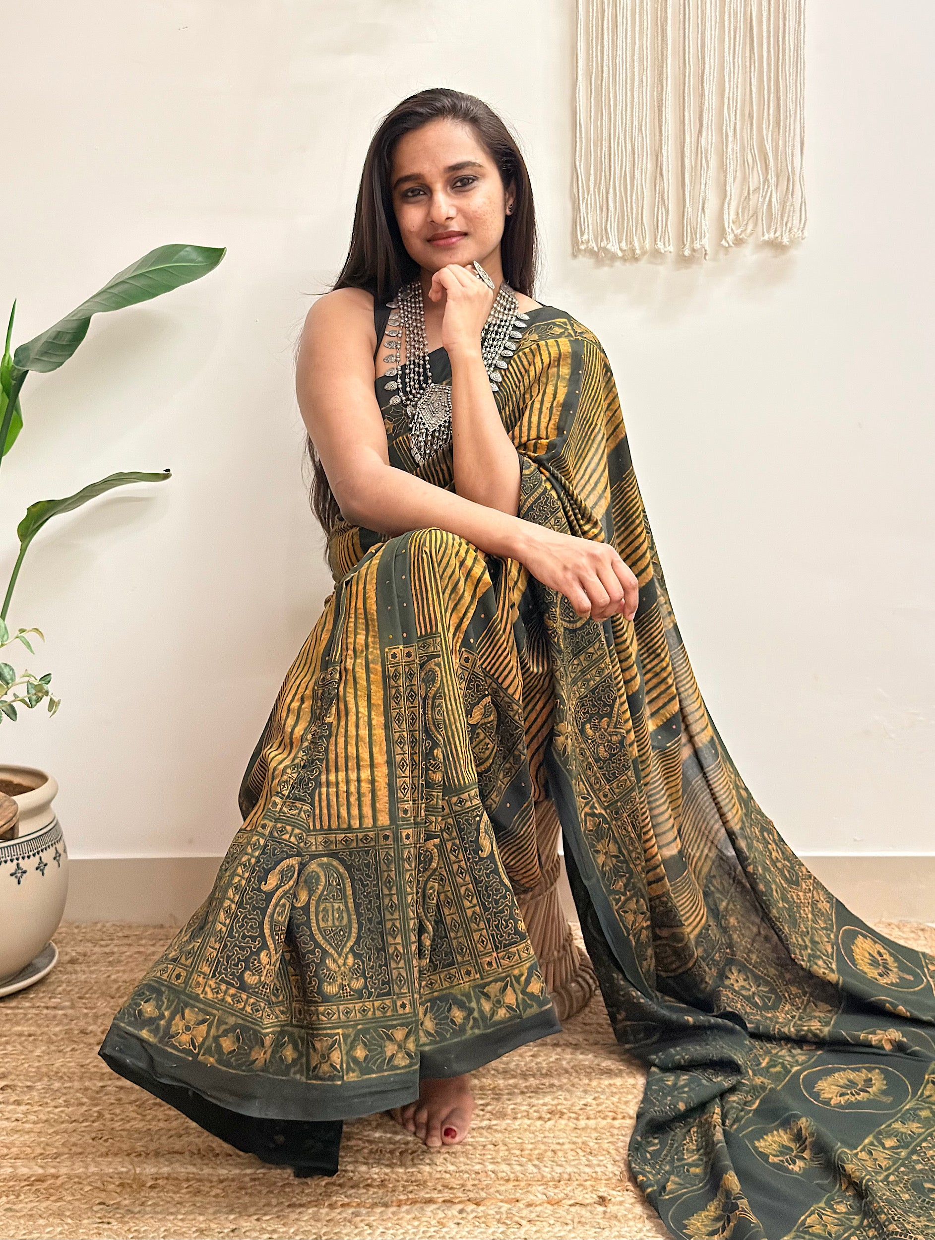 Gulzar: Forest Green and Mustard Ajrakh Handblock Printed Mul Cotton Saree