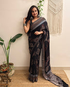 Midnight: Black Ajrakh Handblock Printed Slub Cotton Saree