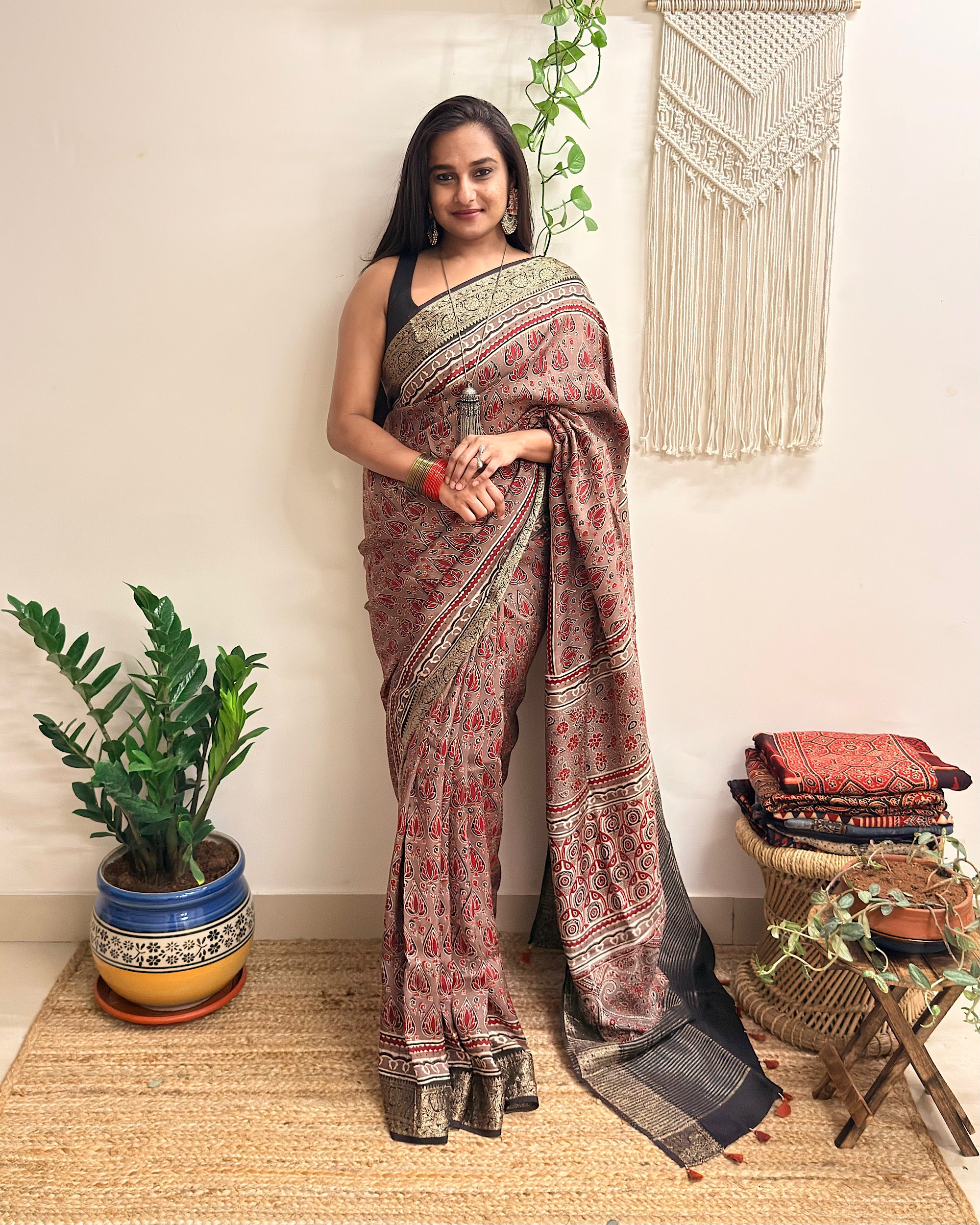 Memoir: Dusty Rose Ajrakh Handblock Printed Dola Silk Saree