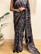 Nazakat: Black Ajrakh Handblock Printed Modal Saree