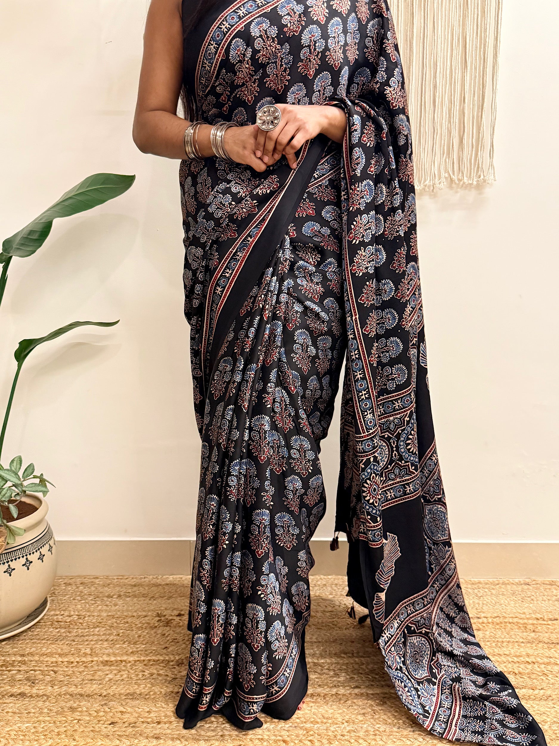 Nazakat: Black Ajrakh Handblock Printed Modal Saree